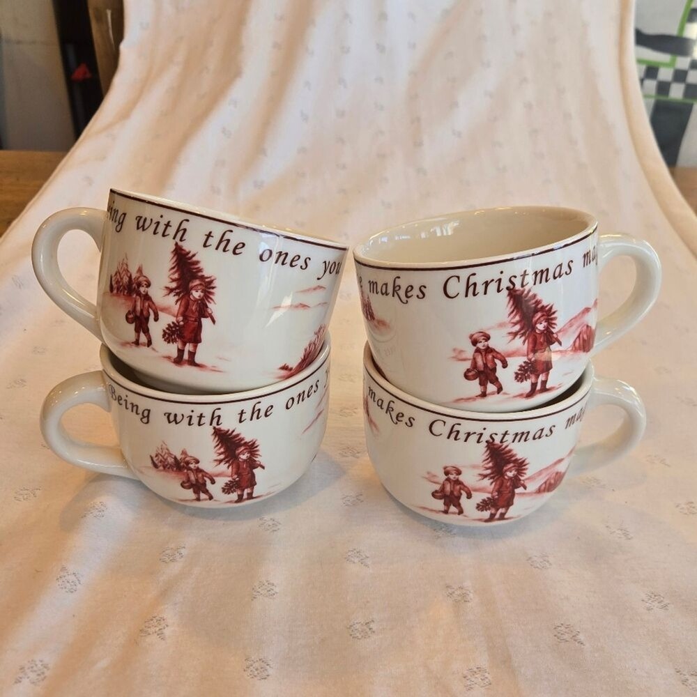 Set of 4 Holiday White Ceramic Mugs with Red Christmas Graphic